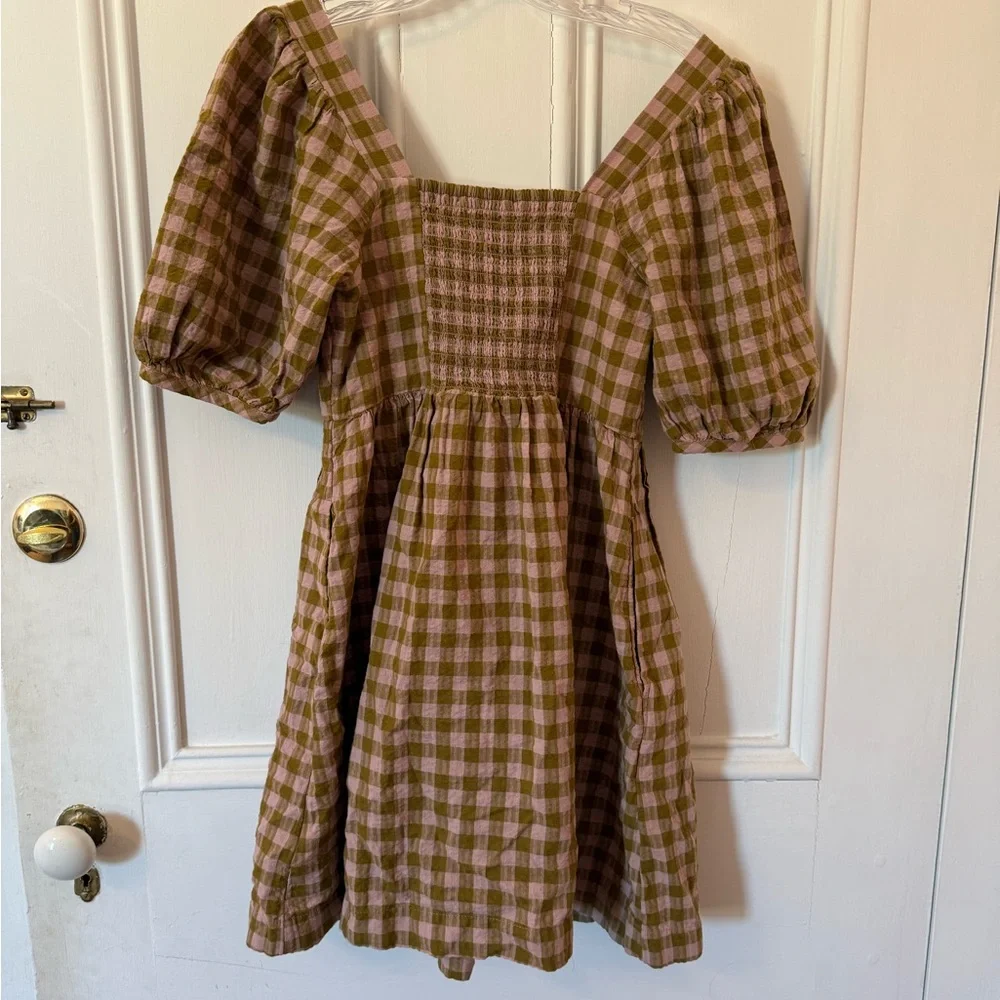Madewell Plaid Puff Sleeve Mini Dress - Pink and Brown - Picture 3 of 3